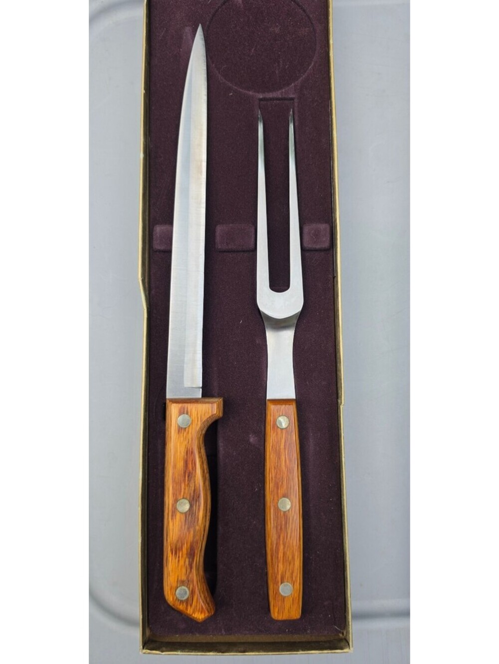 Vintage Imperial Mighty Oak 2 Pc Carving Set Knife Fork American Oak USA
